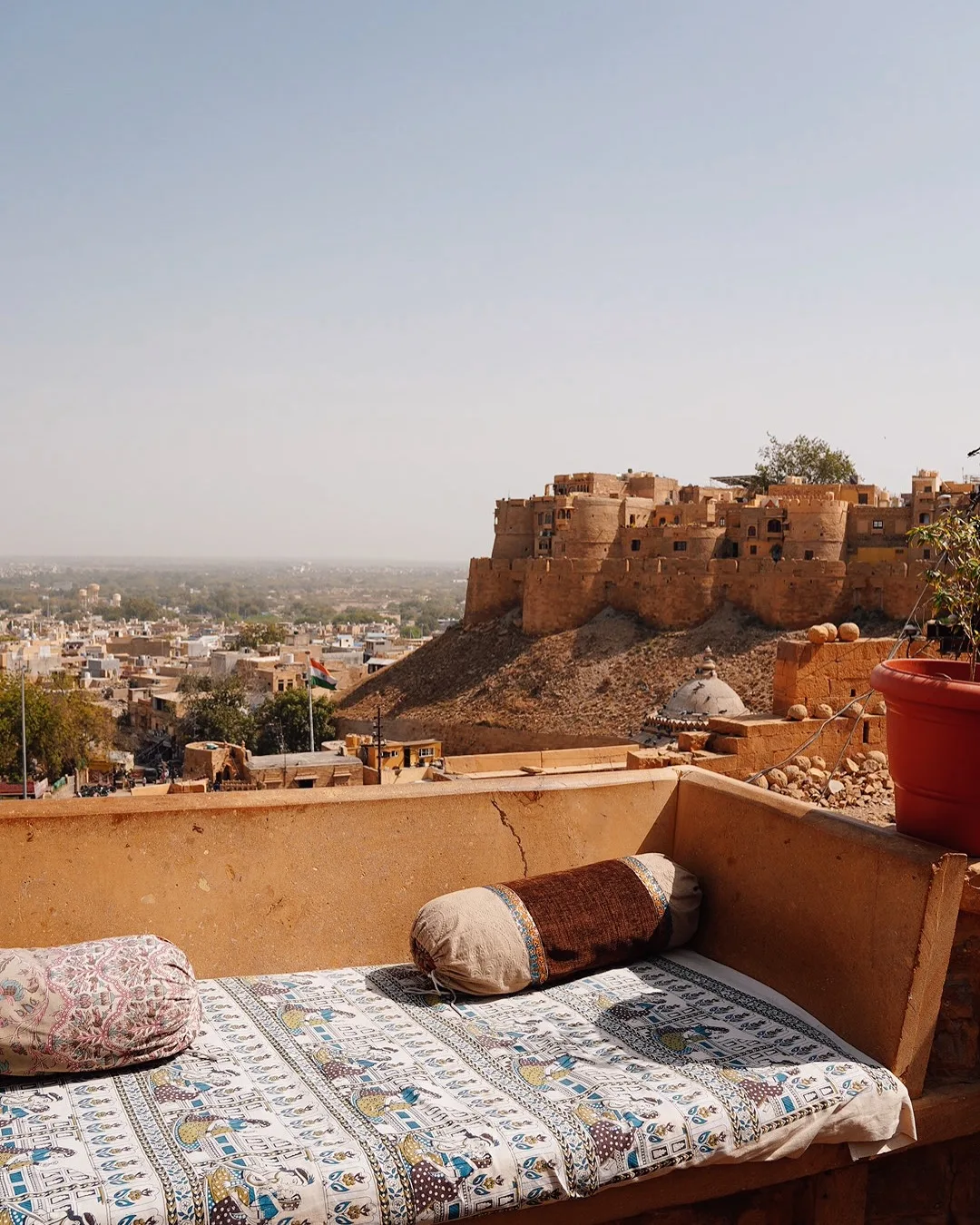 Cenotaph pillars and carved chhatris at sunset near Jaisalmer