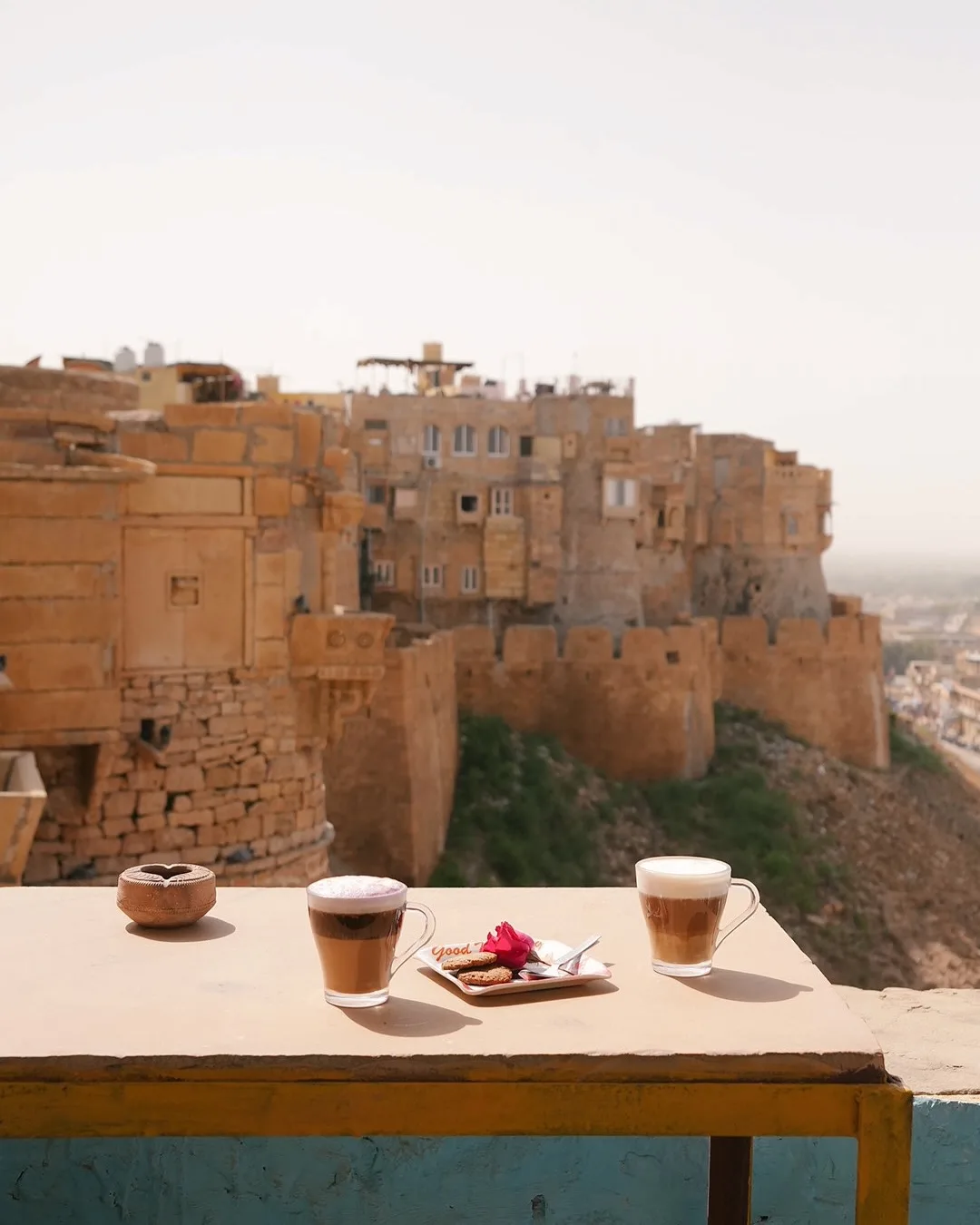 Elevated fort terrace viewpoint overlooking the rooftops of Jaisalmer